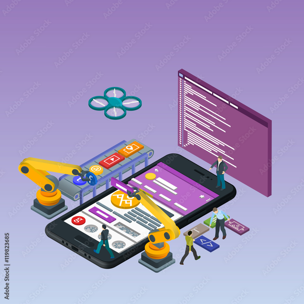 Fototapete mobile app development, experienced team. flat 3d isometric black phone. manipulator robot robotized