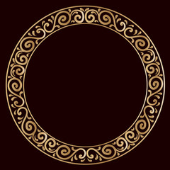 drawing of a round bronze gradient frame  with floral ornament on a black background