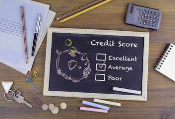 Average Credit Score concept. Chalkboard on wooden office desk