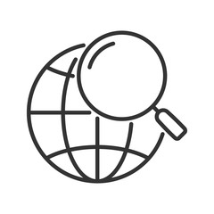 Earth under magnifying glass. Global search line style icon