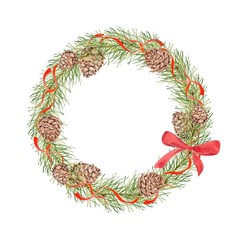 Christmas wreath with pine cones, pine branches and red ribbons, bow. Watercolor painting. Hand drawing. Decorative element for greeting new year and Christmas card, Invitation card.