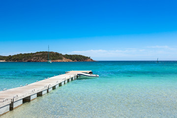 Pontoon  in the turquoise water of  Rondinara beach in Corsica I