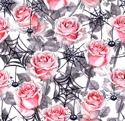 Fotobehang Gotisch Roze rozen, spinnen, webben. Halloween herhalende achtergrond. Waterverf