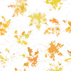 Yellow orange maple leaves imprints seamless pattern on white background