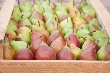 Pears in a wooden box as  background
