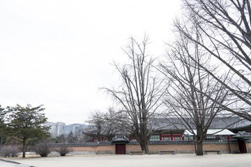 Architectural detail - Korean Tradition red wooden pole and outd