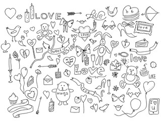 Hand drawn love doodle icons illustration on white