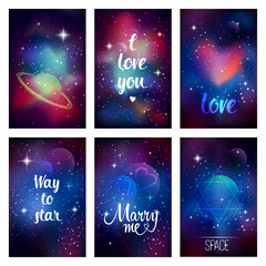 Cosmic bright greeting postcard. Flyer design template card with lettering - Ilove you, Way to star, Marry me, Love. Sacred geometry, stars and planet. Vector eps 10 - 119831272