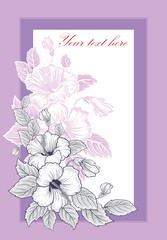 Greeting card with hibiscus flower. Elegance wedding invitation. Romantic postcard. Vector floral border. Hawaii symbol. Photo frame. 