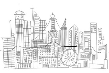 Fototapeta premium Hand drawn business center of big city street skyscrapers megapolis buildings concept real estate architecture, commercial building