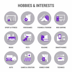 Icons set of hobbies and interests. Flat. Color 1.