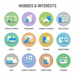 Icons set of hobbies and interests. Flat. Colorized.