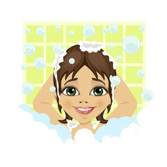 little cute girl washing her hair with soap foam and bubbles in bathroom