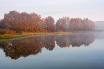 Foggy morning over the lake, fall trees reflected in water.