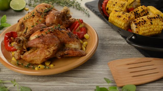 Spring baby chicken with garlic and thyme butter, roasted corn
