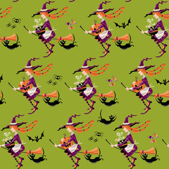 Little witch on a broom with a cauldron, pumpkin and a cat. Happy halloween. Seamless background pattern. 