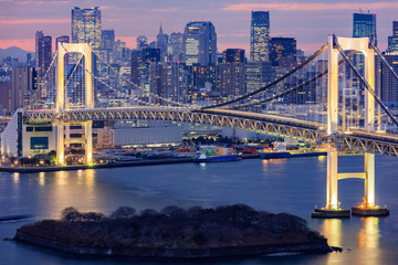 Naklejka premium Tokyo skyline with Tokyo tower and rainbow bridge