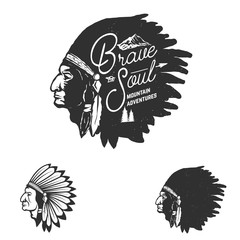 Brave Soul, mountain adventures. Indian chief head in grunge sty