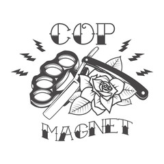 cop magnet. Brass knuckle with old style razor and rose isolated