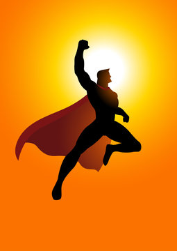 Cartoon silhouette of a superhero flying at sunrise