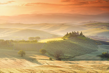 Beautiful tuscan landscape view in Val dOrcia region near Pienza town on the morning in Italy