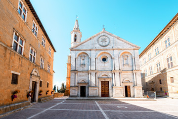 Fototapeta na wymiar Pienza cathedral on the main square in Tuscany region in Italy