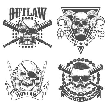 Set of gangsta emblems templates. Skull with two crossed knives