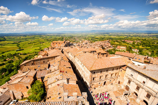 Montepulciano cityscape view on the old buildings on the main central square in Tuscany region in Italy