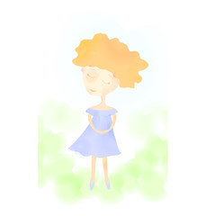 Pretty smiling redhead girl vector illustration watercolor style, kid cartoon character hand draw