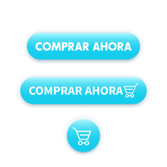 buy now in spanish, blue buttons for web with shopping trolley