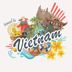 Travel to Vietnam. Set of traditional Vietnamese cultural symbols. Vietnamese landmarks and lifestyle of Vietnamese people