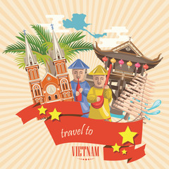 Travel to Vietnam. Set of traditional Vietnamese cultural symbols. Vietnamese landmarks and lifestyle of Vietnamese people - 119836868