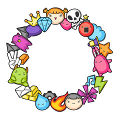 Game kawaii frame. Cute gaming design elements, objects and symbols