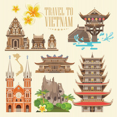Travel to Vietnam. Set of traditional Vietnamese cultural symbols. Vietnamese landmarks and lifestyle of Vietnamese people - 119837089