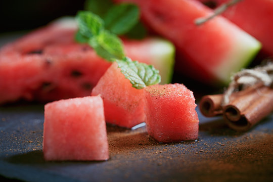 Delicious fresh slices of watermelon with cinnamon