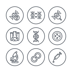 genetics line icons in circles, dna modification, genetic research, lab, dna chain, replication