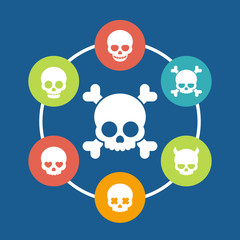 skulls icons, bones, devil, fiend, lover, smiling skull, vector illustration
