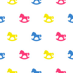 Rocking horse blue, pink and yellow kid pattern. Baby horse toy vector seamless pattern for fabric print and apparel.