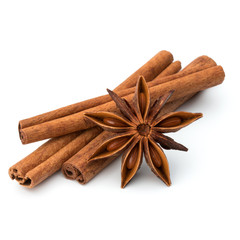 cinnamon stick and star anise spice isolated on white background