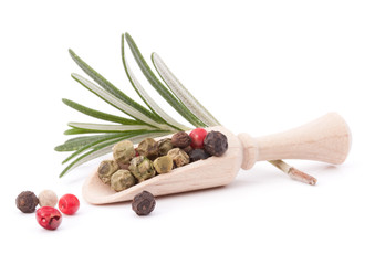 rosemary herb spice leaves and peppercorns isolated on white bac