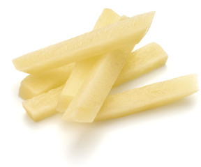 Raw Potato sliced strips prepared for French fries isolated on w