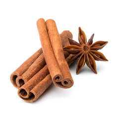 cinnamon stick and star anise spice isolated on white background