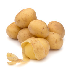 peeled potato tuber with peel spiral isolated on white backgroun