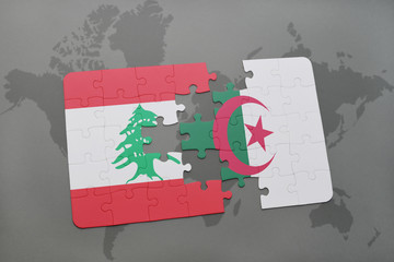 puzzle with the national flag of lebanon and algeria on a world map background.