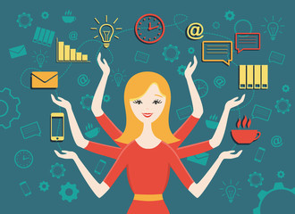 Flat design vector illustration of personal assistant or hard working secretary. Busy secretary woman managing her work with smile