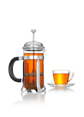 close up view of french press and a cup of black tea on white background