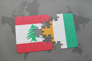 puzzle with the national flag of lebanon and cote divoire on a world map background.
