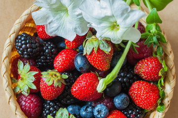 Organic berries with its own rustic garden in a wicker bowl, top view