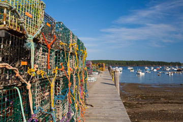 Crab farm and crab cages on Saint George Peninsula, Maine, USA - obrazy, fototapety, plakaty