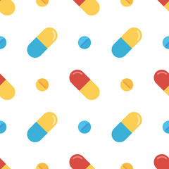 Medical vector seamless pattern background with colorful pills.